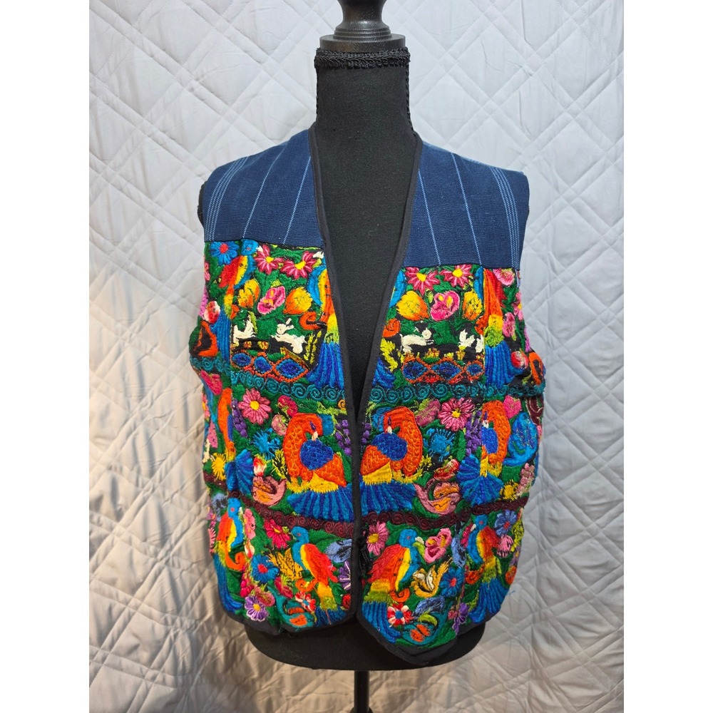 Handmade Embroidered Folk Art Vest Blue Pinstripe Floral Bird Rabbit Women Large